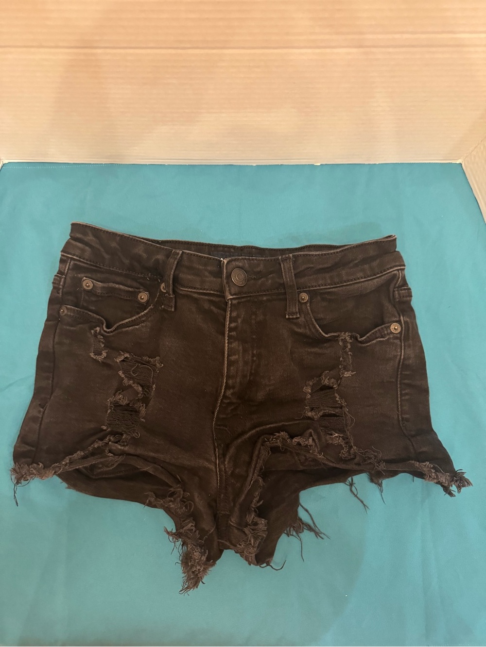 Aeropostale Women's Vintage High Rise Shorty Denim Shorts Black Distressed Sz 2